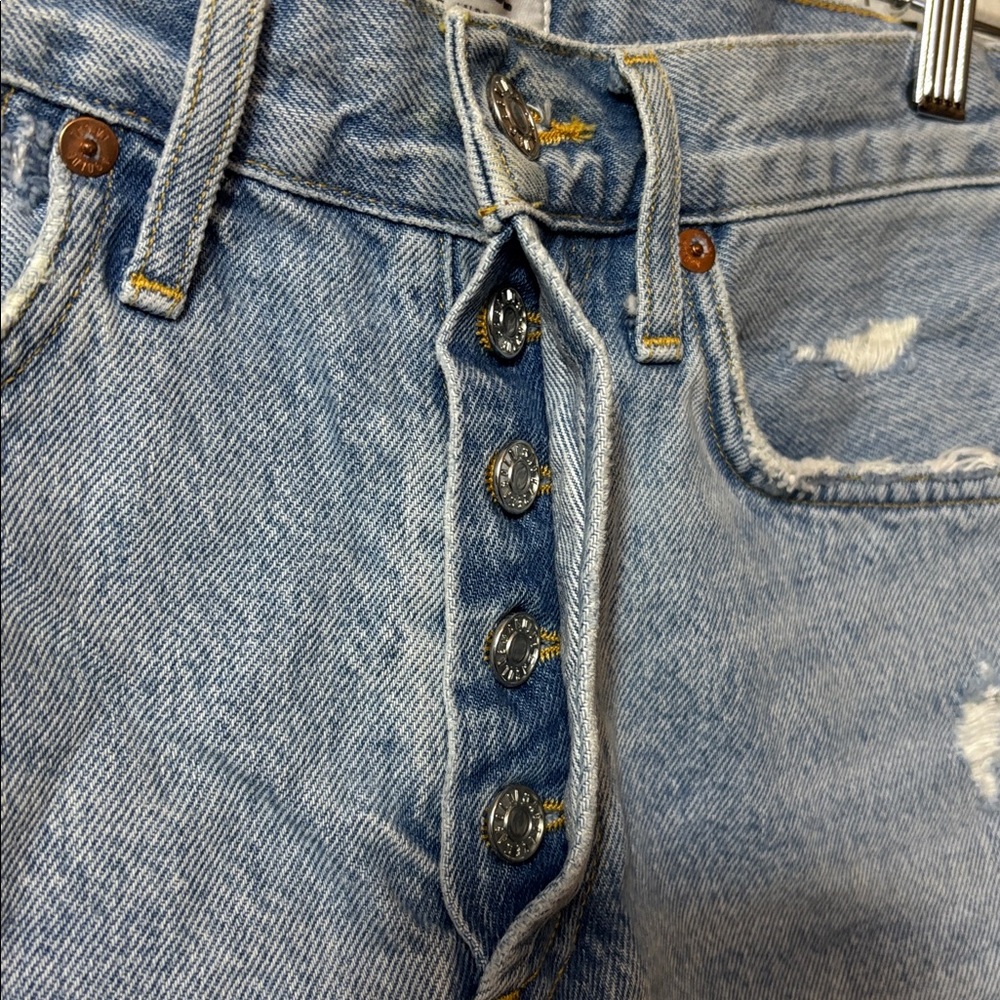 Agolde Light Blue Distressed Denim Cutoff Shorts - Picture 4 of 10